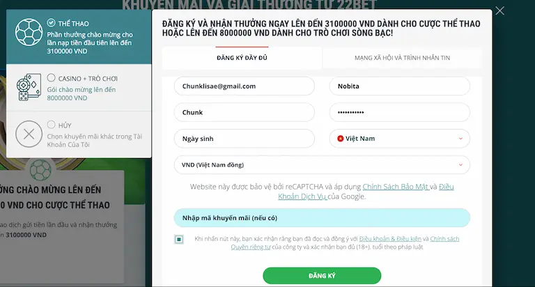 Hướng dẫn cách đăng ký 22BET trên PC