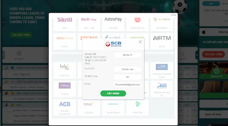 Hướng dẫn nạp tiền 22bet chính xác